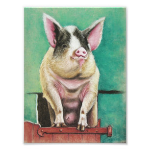 パステル調動物の絵画の幸せなブタ フォトプリント           