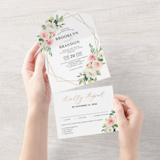 パステル赤面かわいらしピンクフローラボタニカル結婚ズ オールインワン招待状 (貼ってはがせる)