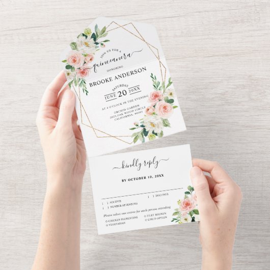 パステル赤面かわいらしピンクボタニカルキンセアニェラ オールインワン招待状 (貼ってはがせる)