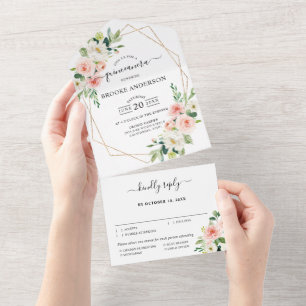 パステル赤面かわいらしピンクボタニカルキンセアニェラ オールインワン招待状