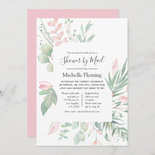 パステル赤面グリーナリーブライダルまたはベビーメールシャワー 招待状 (正面/裏面)
