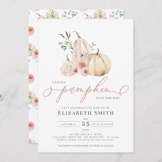 パステル赤面パンプキングリーナリーフローラウォーターカラー 招待状 (正面/裏面)