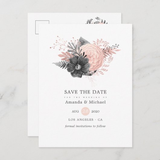 パステル赤面ピンクと木炭ブラック日付を保存 案内ポストカード (正面/裏面)