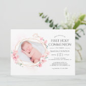 パステル赤面ピンクジオメトリックフローラ聖餐式 招待状 (スタンド正面)