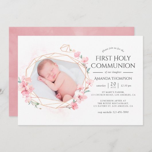 パステル赤面ピンクジオメトリックフローラ聖餐式 招待状 (正面/裏面)