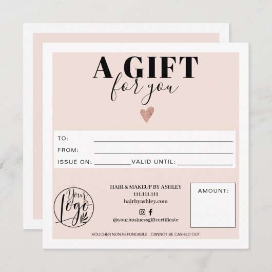 パステル赤面ピンクスクウェア商品券のロゴ (正面/裏面)