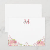 パステル赤面ピンクフローラバラスクリプトモノグラム ノートカード (正面/裏面)