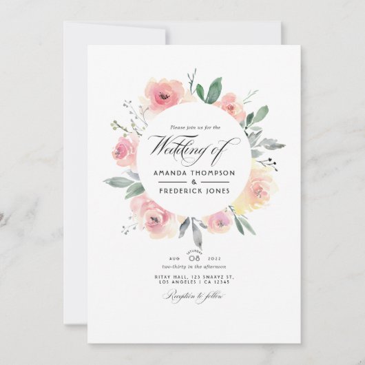 パステル赤面ピンクフローラQRコードRSVP 結婚's 招待状 (正面)