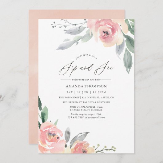 パステル赤面ピンクフローラSipと参照パーティー 招待状 (正面/裏面)