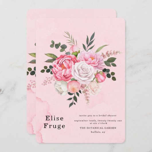 パステル赤面ピンクホワイトピーニーブライダルシャワー 招待状 (正面/裏面)