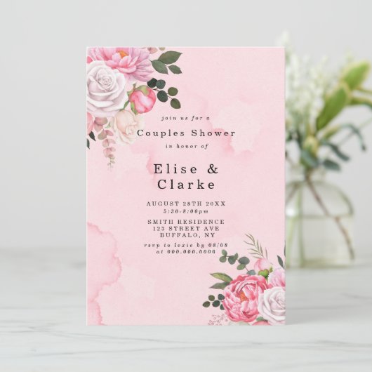 パステル赤面ピンクホワイト牡丹カップルのシャワー招待状 (スタンド正面)