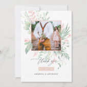 パステル赤面ピンク結婚と緑の写真 サンキューカード (正面)