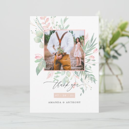 パステル赤面ピンク結婚と緑の写真 サンキューカード (スタンド正面)