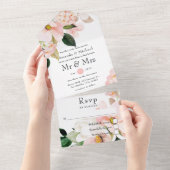 パステル赤面ピンク結婚フローラ オールインワン招待状 (貼ってはがせる)