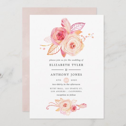 パステル赤面フローラアンド結婚レース 招待状 (正面/裏面)