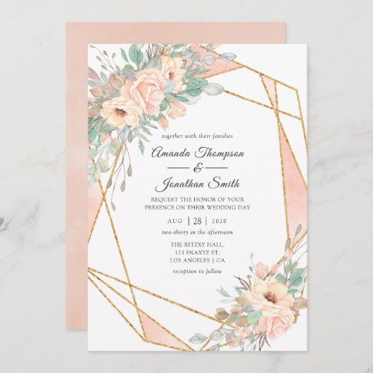 パステル赤面フローラジオメト結婚リー 招待状 (正面/裏面)