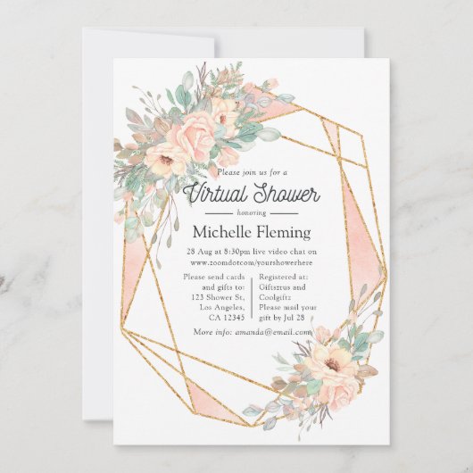 パステル赤面フローラ幾何学的バーチャルシャワー 招待状 (正面)