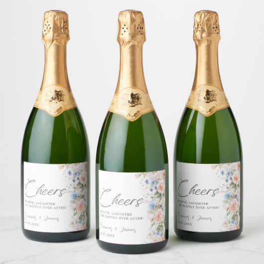 パステル赤面ホワイトブルーフローラ応援結婚ズ スパークリングワインラベル (ボトル)