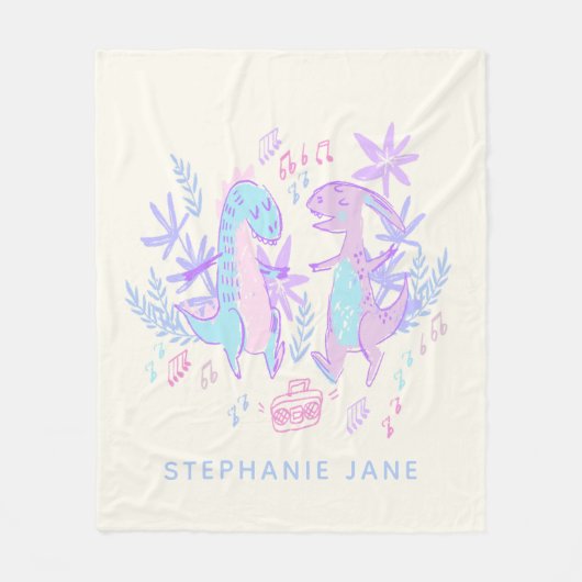 パステル踊り恐竜紫パーソナライズされた青 フリースブランケット (正面)