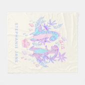 パステル踊り恐竜紫パーソナライズされた青 フリースブランケット (正面(横))