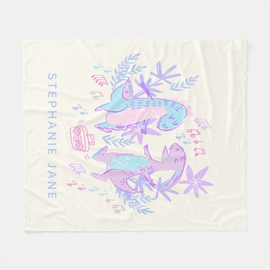 パステル踊り恐竜紫パーソナライズされた青 フリースブランケット (正面(横))