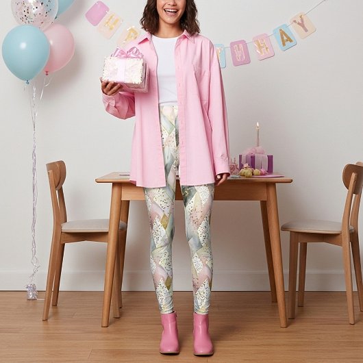 パステル輝く抽象芸術の格子模様とドット レギンス