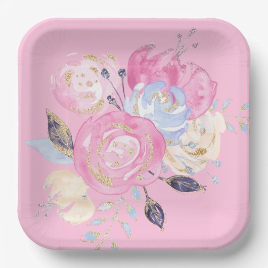 パステル金ゴールドグリッターフラワー紙プレート ペーパープレート (正面)