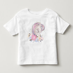 パステル金ゴールドグリッターユニコーンとベビーと花 トドラーTシャツ