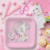 パステル金ゴールドグリッターユニコーンとベビーと花 ペーパープレート (パーティー)