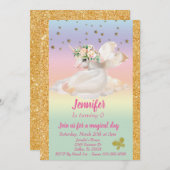 パステル金ゴールドチャイルド金ゴールドユニコーンペガサスレインボー 招待状 (正面/裏面)