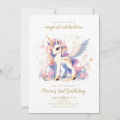 パステル金ゴールドユニコーンアンドレインボーマジカル誕生日 招待状 (正面)