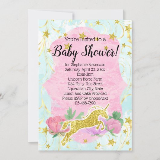 パステル金ゴールドユニコーンベビーシャワー招待状 招待状 (正面)