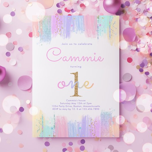 パステル金ゴールドレインボー1st誕生日パーティの招待状 招待状