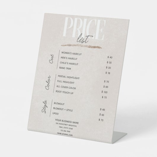 パステル金ゴールド美しいサロン価格表  台座サイン (正面)