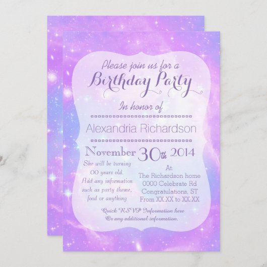 パステル銀河系宇宙誕生日 招待状 (正面/裏面)