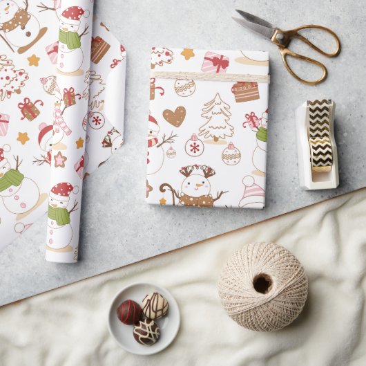 パステル雪だるまハート描クリスマス ラッピングペーパー (クラフト)