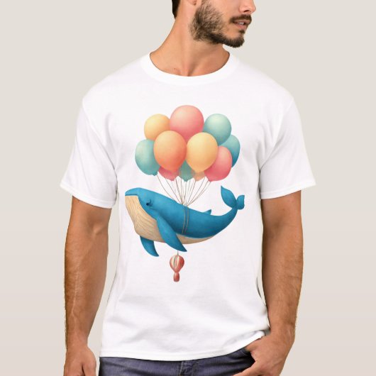 パステル飛んでいるバルーンアート付きクジラ Tシャツ (正面)