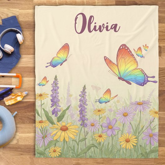 パステル魅力的バタフライメドウ フリースブランケット