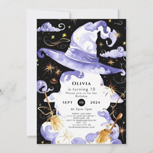 パステル魔法おもしろいウィザード誕生日 招待状 (正面)