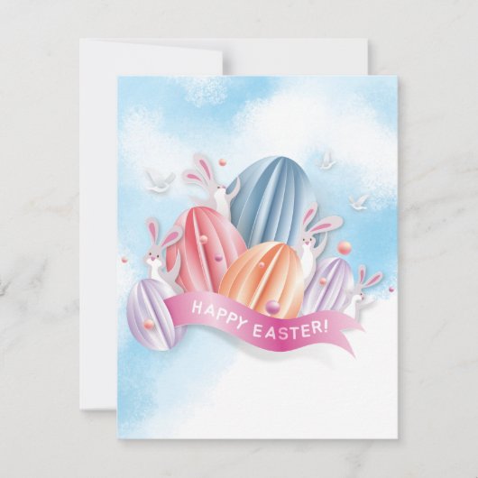 パステル3Dイースターエッグとバニーラビット招待状 (正面)