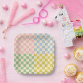 パステル4チェックパタ市松模様にーン ペーパープレート (パーティー)