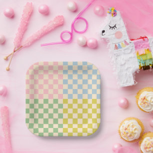 パステル4チェックパタ市松模様にーン ペーパープレート