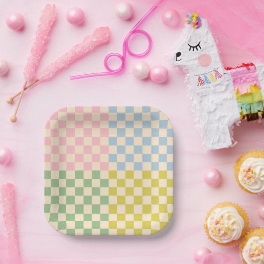 パステル4チェックパタ市松模様にーン ペーパープレート (パーティー)