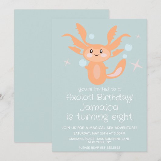 パステル アホロートル 海の生き物 誕生日パーティー  招待状 (正面/裏面)