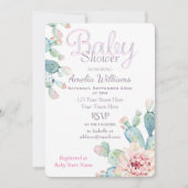 パステル ウォーターカラー サボテン ピンク ベビーシャワー 招待状 (正面)