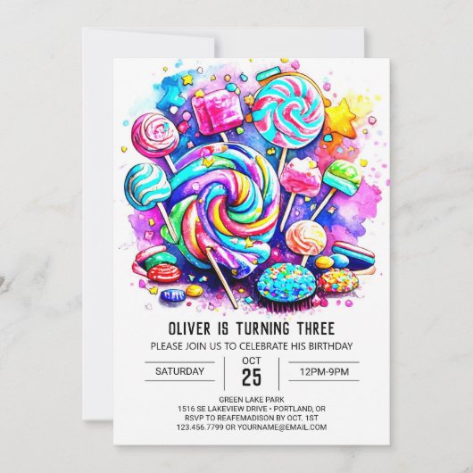 パステル キャンディーランド 誕生日 招待状 (正面)
