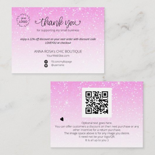 *~*パステル·グリッターありがとうございましたロゴブランディングQR エンクロージャーカード (正面/裏面)