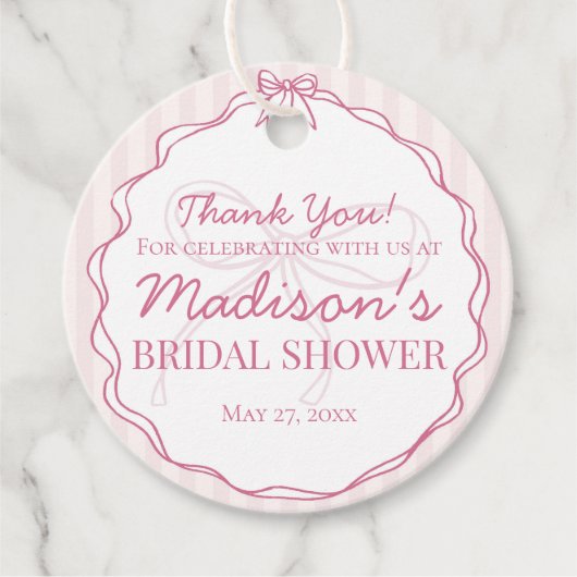 パステル ストライプ ウェディング シャワー ピンク コケッテ ボウ フェイバータグ (正面)