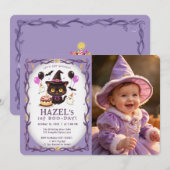 パステル スプーキー かわいい 魔女 猫 魔法使い 1歳の誕生日 招待状 (正面/裏面)