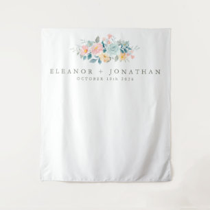 パステル ティール ピンク 水彩 花 カスタム ウェディング タペストリー